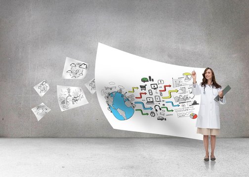 Composite image of smiling doctor pointing