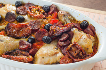 Oven chicken with rice, vegetables and black olives