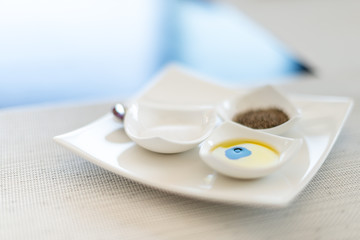 Tasty breakfast: set of three small plates.