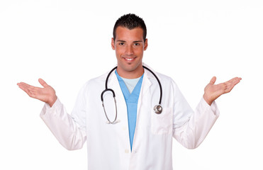 Medical latin doctor holding out his palms