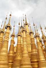 Golden spires of Buddhist temple, Myanma