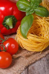 ripe tomatoes, dried pasta, fresh basil and pepper closeup