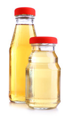 Baby food (juices) in glass jars, isolated on white