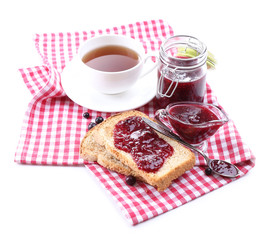 Delicious toast with jam isolated on white