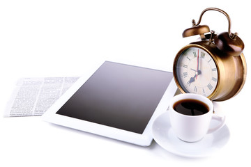 Obraz na płótnie Canvas Tablet, newspaper, cup of coffee and alarm clock, isolated