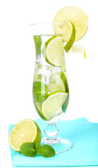 Glass of cocktail with lime and mint isolated on white