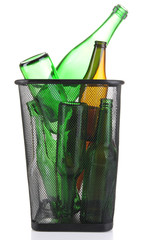 Glass bottles in recycling bin isolated on white