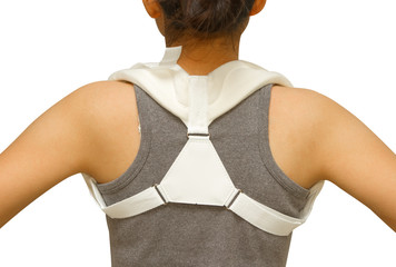 woman wearing clavicle brace for  immobilize shoulder ,clavicle