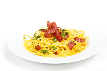 Pasta with crispy salami