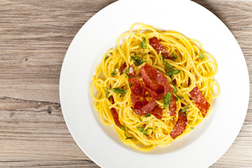 Pasta with crispy salami