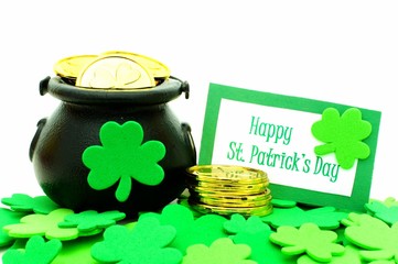 Happy St Patricks Day card with Pot of Gold and shamrocks