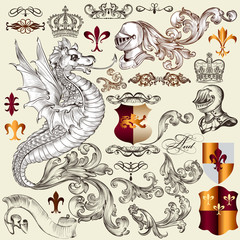Heraldic set of vector elements in vintage style