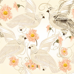Seamless vector pattern with flowers and doves