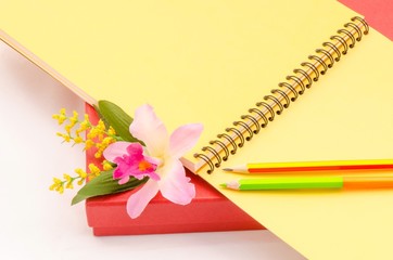 Notebook with pencil and flower orchid