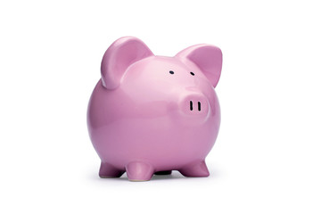 Little pink piggy bank on white