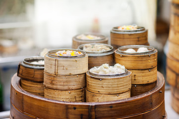 Dim sum steamers at a Chinese restaurant, Hong Kong - obrazy, fototapety, plakaty