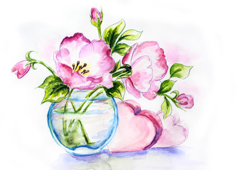 Spring flowers in vase, watercolor painting