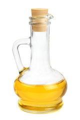 Glass carafe with vegetable oil isolated on white