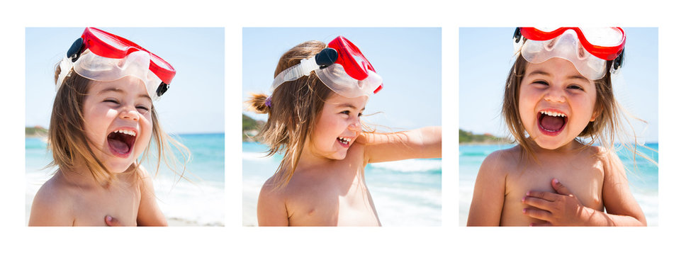 Bambina al mare con maschera - trittico