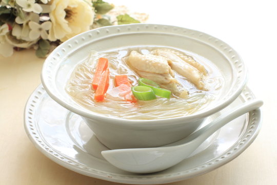 asian food, chicken and gelatin noodles soup