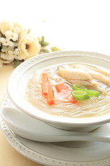 asian food, gelatin noodles and vegetable soup