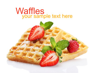Belgium waffles with strawberries and mint  isolated on white