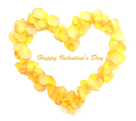 Beautiful heart of yellow rose petals isolated on white
