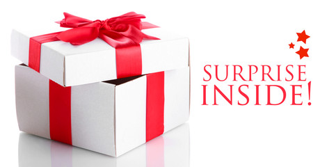 Gift box with red ribbon, isolated on white