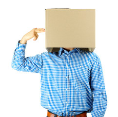 Man with cardboard box on his head isolated on white