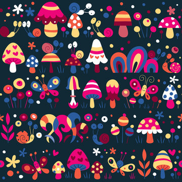 mushrooms, snails & butterflies pattern