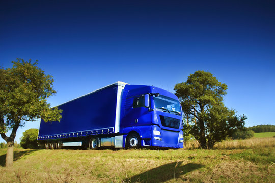 Blue truck driving through summer landscape