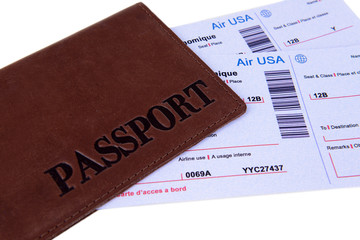Airline tickets with passport close-up