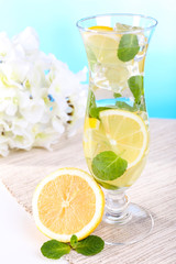 Glass of cocktail with lemon and mint