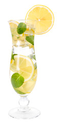 Glass of cocktail with lemon and mint isolated on white