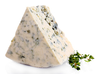 Tasty blue cheese with thyme, isolated on white