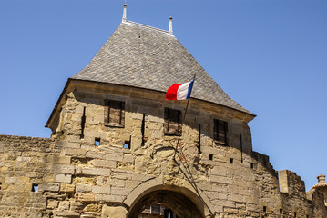 Outside walls of Porte Narbonnaise at Carcassonne in France