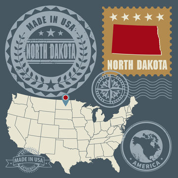 Abstract post stamps set with name and map of North Dakota, USA