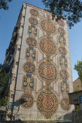 Fresque sovietique sur mur d'un immeuble, Tachkent, Ouzbekistan
