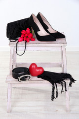 Beautiful female accessories on white background