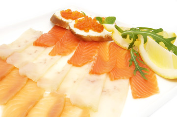 Sliced caviar sandwiches on white background