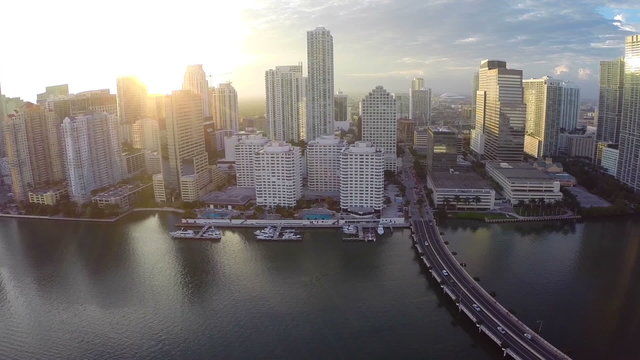 Aerial video of Brickell Miami at sunset