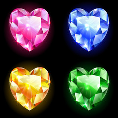 Set of icons, diamonds in the shape of heart, isolated on black,