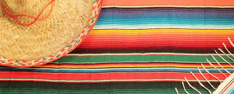 poncho mexican background sombrero serape rug stripe background frame with copy space cinco de mayo with copy space stock photo, stock photograph, image, picture