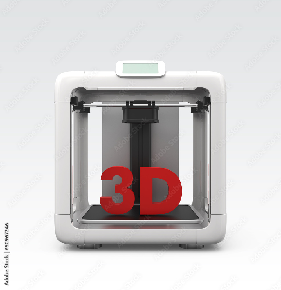 Poster front view of personal 3d printer with red solid text