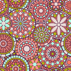 Naklejki  Kolorowe koło kwiatowe mandale bezszwowe wzór w kolorze różowym, zielonym