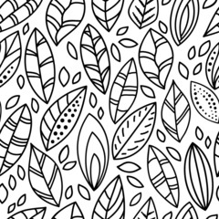Black and white doodle leaves seamless pattern, vector