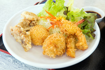 Set of japanese food (tempura, tonkatsu, karake and miso soup)