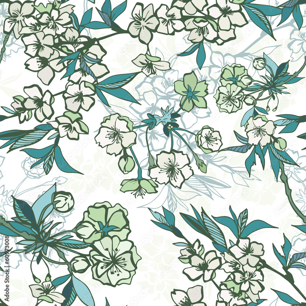 Poster Seamless floral pattern with blossoming cherry or sakura