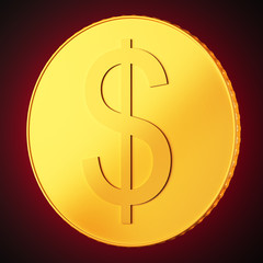 Golden coin with dollar sign on dark red background