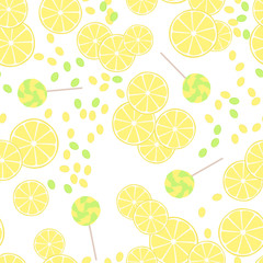 Seamless pattern of yellow lemon slices and candy lollipops